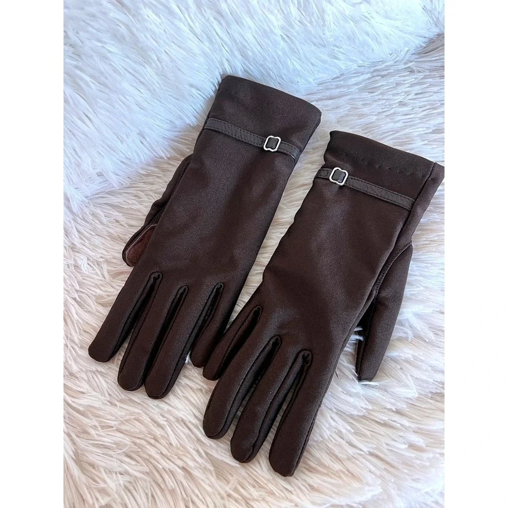 Brown Stretch Riding Gloves Faux Suede Genuine Leather Touchscreen Style Winter